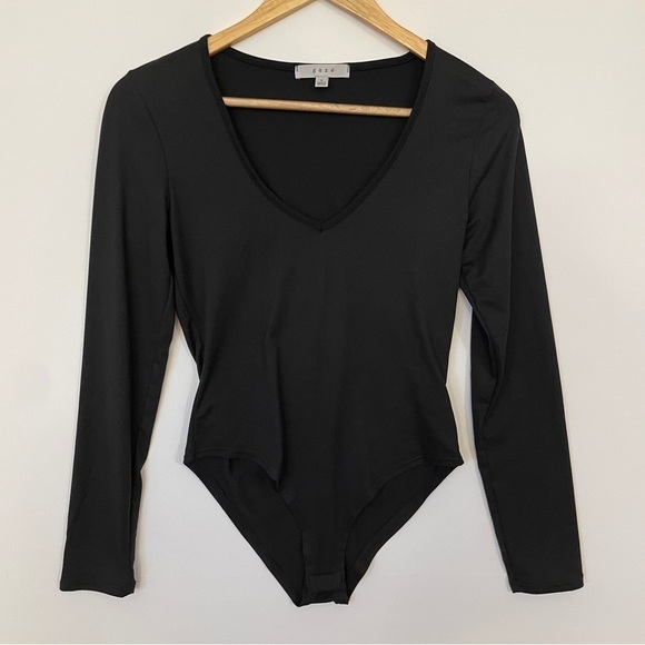 Gaze Long Sleeve Deep V-Neck Black Bodysuit - Picture 1 of 5
